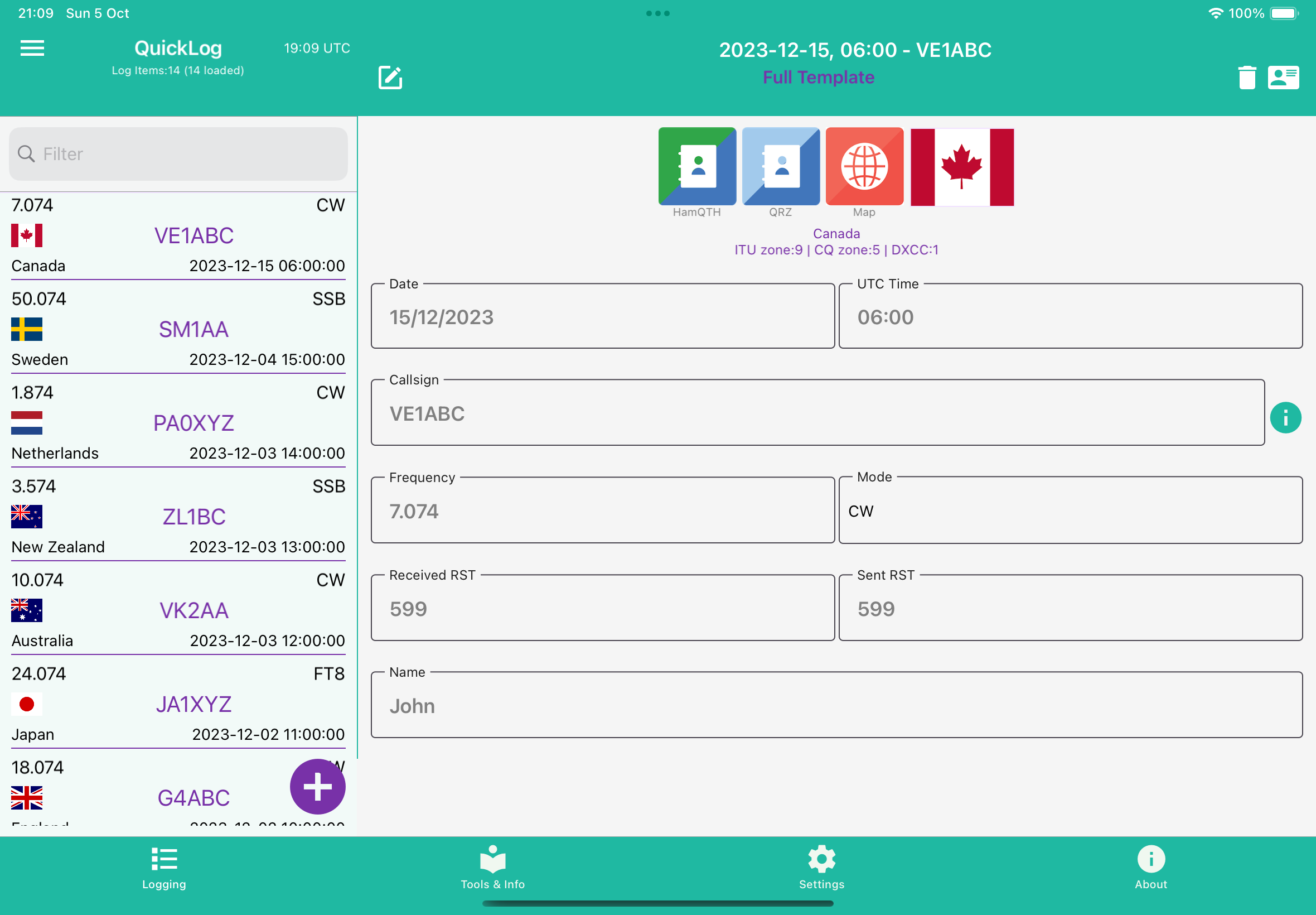 HAM QuickLog on iPad